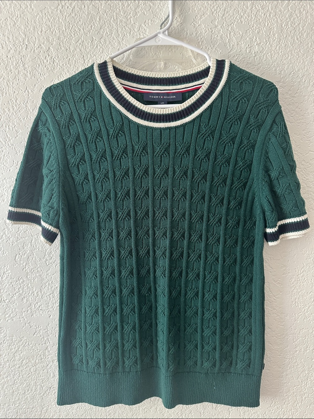 Tommy Hilfiger Forest Green Cable Knit Short Sleeve Top with Contrast Trim